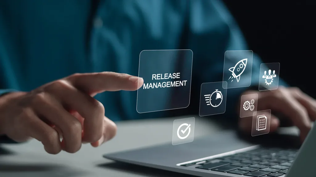 A person pushing a floating, virtual button that reads "Release Management"